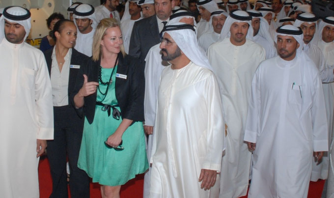 Sheikh Mohammed Bin Rashid Al Maktoum tours the Big 5 PMV exhibition hall with Louisa Theobald of Streamline Marketing Group.