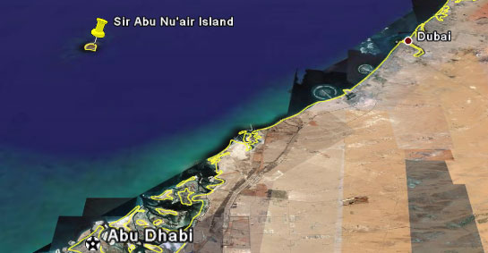 Sir Abu Nu'air Island is located 65 kilometres off UAE's northern coast (Image by Google Earth).