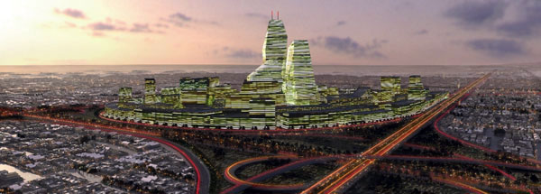 Computer generated image of the King Abdullah Financial District of Riyadh currently under construction.
