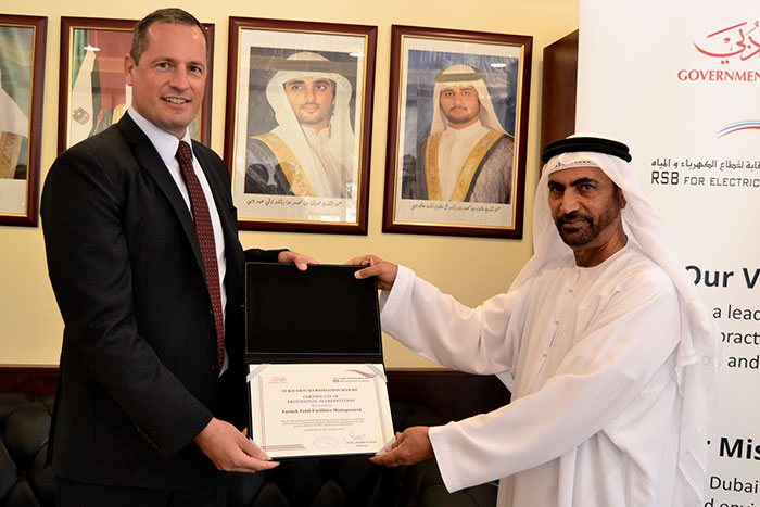 HE Ali Bin Abdullah Al Owais, Chairman of RSB, presents the certificate of accreditation to Markus Oberlin, CEO, Farnek.