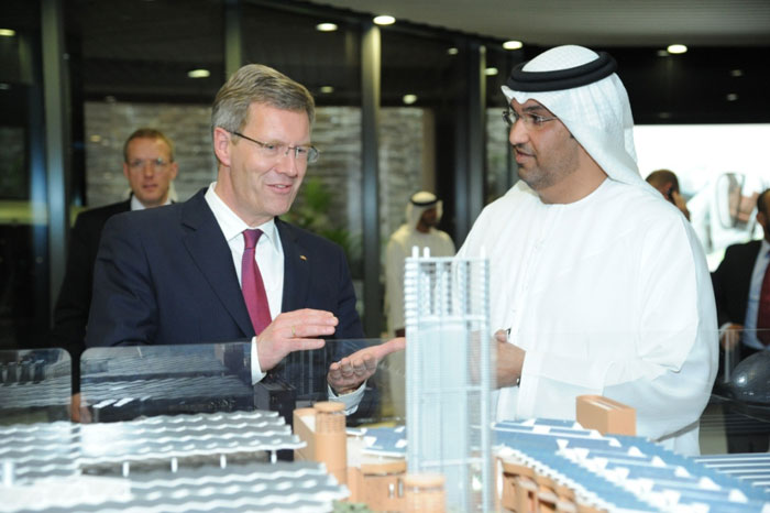 German President Christian Wulff views a model of Masdar City with Masdar CEO Dr Sultan Al Jaber.
