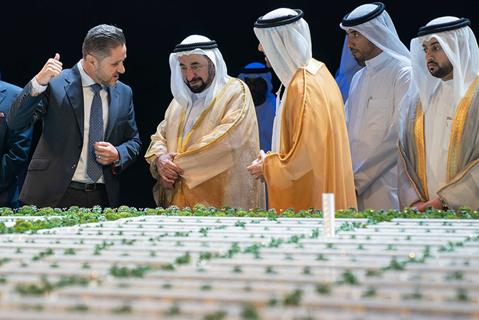 His Highness Sheikh Dr. Sultan bin Muhammad Al Qasimi during the official unveiling ceremony of the Sharjah Sustainable City project by Shurooq and Diamond Developers.