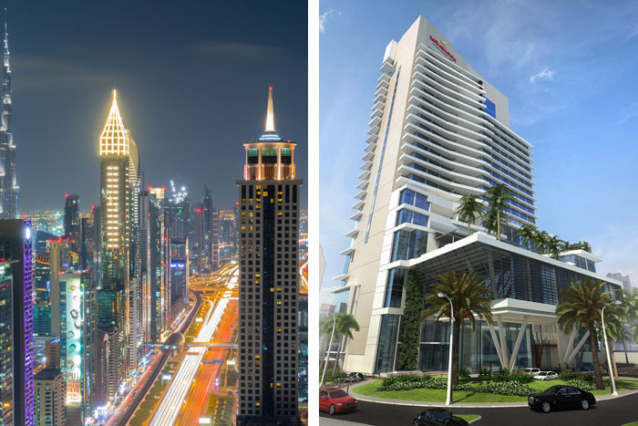 LEFT: Gevora Hotel, Dubai's Sheikh Zayed Road; RIGHT: Mövenpick Hotel Dubai Media City