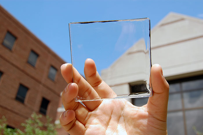 See-through solar-harvesting applications, such as this module pioneered at Michigan State University, have the potential of supplying 40 percent of U.S. electricity demand. Photo courtesy of Richard Lunt/Michigan State University