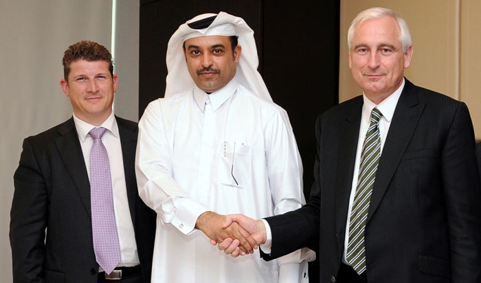 UK engineering group appoints sustainability expert for Qatar Tony Morris, Commercial Director, Hilson Moran’s Middle East division, Sheikh Hamad Bin Nasser Al-Thani and Chris Plummer, MD Hilson Moran upon signing their Joint Venture agreement in Doha last year.