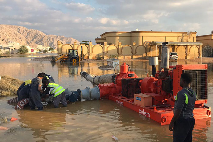 Pictured is Xylem’s dedicated team of technicians, who worked round the clock for four consecutive days to assist authorities in pumping out rainwater from the residential district of Al Rams in Ras Al Khaimah, following unprecedented water flooding in the UAE last week.