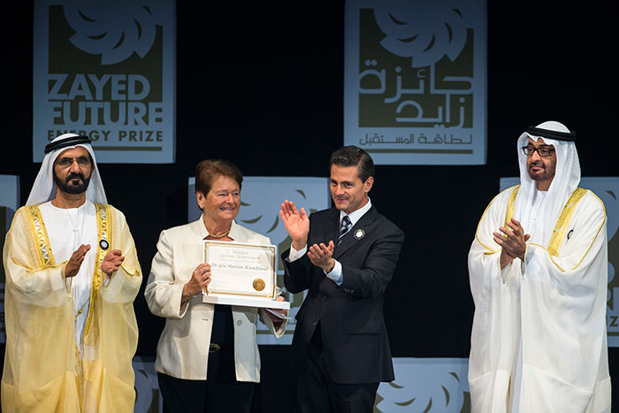 HH Sheikh Mohamed bin Rashid Al Maktoum, Vice-President, Prime Minister of the UAE and Ruler of Dubai (L), HH Sheikh Mohamed bin Zayed Al Nahyan Crown Prince of Abu Dhabi Deputy Supreme Commander of the UAE Armed Forces (R) and HE Enrique Pena Nieto President of Mexico (2nd R) present the Zayed Future Energy Prize Lifetime Achievement award to Dr Gro Harlem Brundtland, former Prime Minister of Norway, current Special Envoy with the United Nations, and the Deputy Chair of The Elders (2nd L), during the opening ceremony of the World Future Energy Summit 2016, as part of Abu Dhabi Sustainability