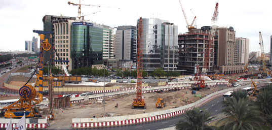 Work in progress on the Dubai Metro project in the area around Dubai City Centre.
