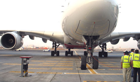 Cavotec pop-up pit stands ready to serve a A380 'super-jumbo' at Dubai International Airport.