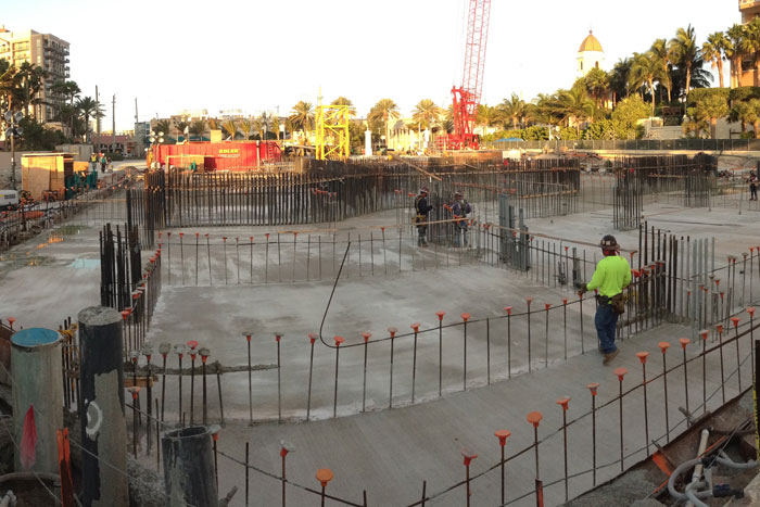 Morning slab work: PENETRON ADMIX provided a reliable waterproofing solution for hydrostatic resistance of the matt slab on grade and perimeter walls for the Mansions at Acqualina foundation.