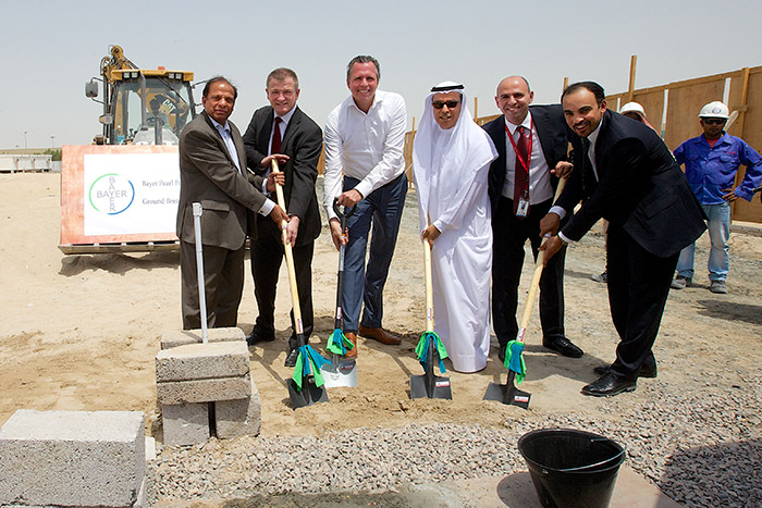 With a clear goal in mind they have broken ground: Mohamed Abdus Saleem, Pearl Industries Overseas, Thorsten Eschmeier and Harald Liedtke, Managing Directors of Bayer Pearl and Bayer Middle East, respectively; Khalid Bin Kalban, Managing Director at Dubai Investments, Riad Bsaibes, COO at Amana Contracting, and Feroz Saleem, Pearl Industries Overseas.