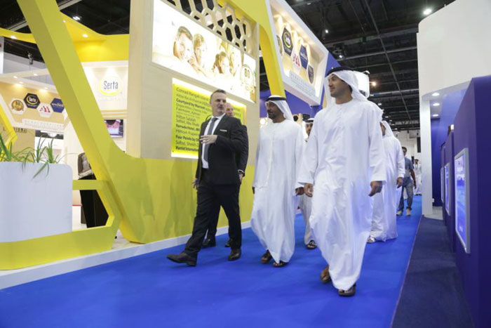Al Maktoum, President of Dubai Civil Aviation Authority, Chairman of Dubai Airports, Chairman and Chief Executive of Emirates Airline and Group tours the 18th edition of The Hotel Show Dubai 2017 with Matt Denton, President, dmg events Middle East, Asia & Africa (organisers of The Hotel Show and The Leisure Show)