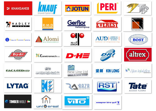 Khansaheb, Knauf, Jotun Paints, Peri, Tiger Profiles, Hadley Industries, Pasco Pavings, RMD Kwikform, Meva...