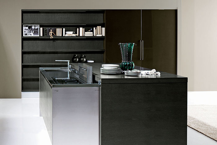 Metallic lacquered dark grey and cover in matt wood graphite oak.