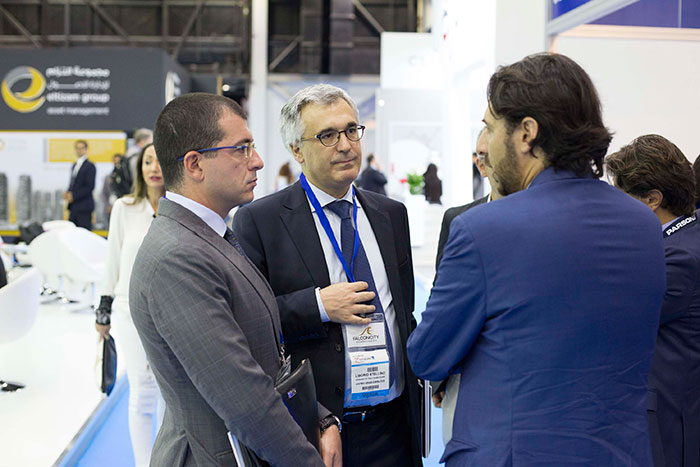 Italian Ambassador to the UAE, Liborio Stellino, visiting the Cimolai Rimond stand at Cityscape.