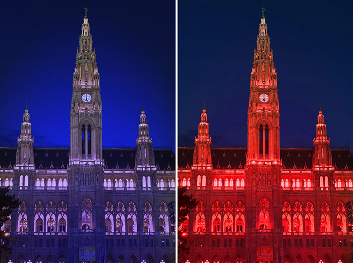On the Rathausplatz in Vienna more than 20,000 people will be demonstrating their support for the performance of each artist by voting and thereby changing the colour of the city hall from blue to red.