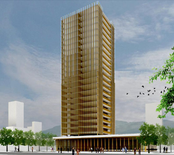 Pioneering building design system facilitates cost-effective structural use of wood in tall buildings.