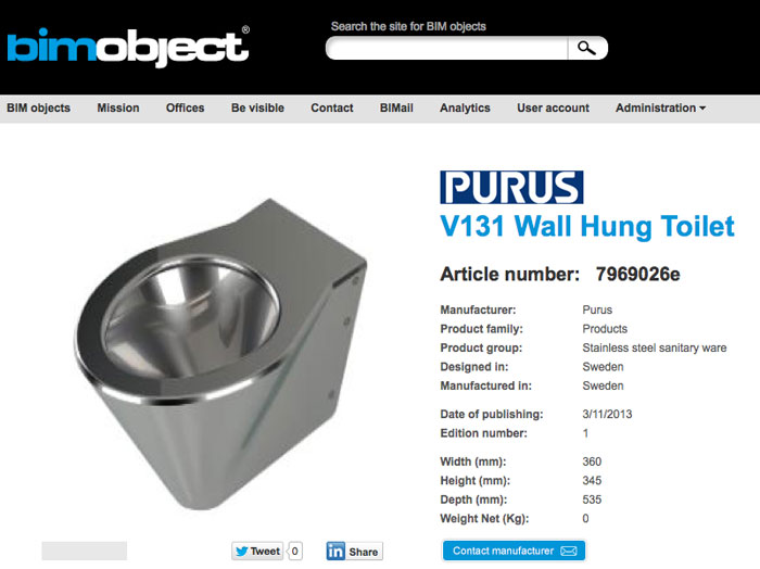 Purus publish Twist outlets and stainless steel toilet as BIM objects.