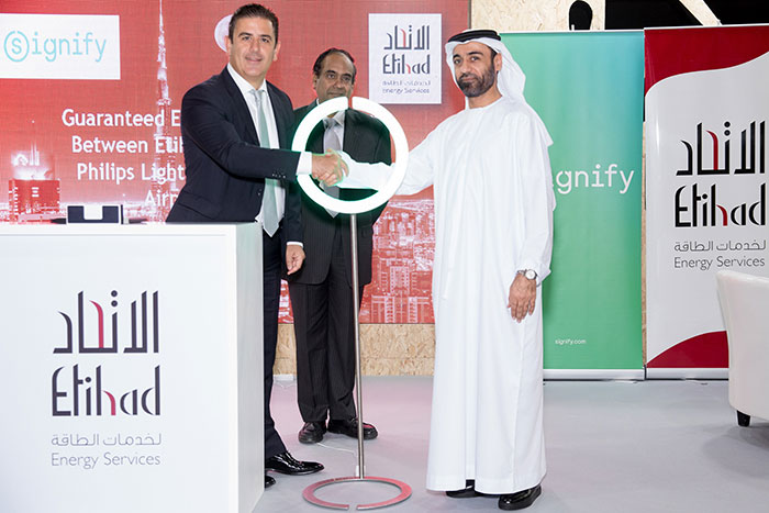 From left to right: Goktug Gur, President and CEO of Signify’s business in the Middle East, Turkey and Pakistan, Krishna R.S., General Manager at Al Ghandi Electronics and Ali Al Jassim, CEO of Etihad Energy Services.
